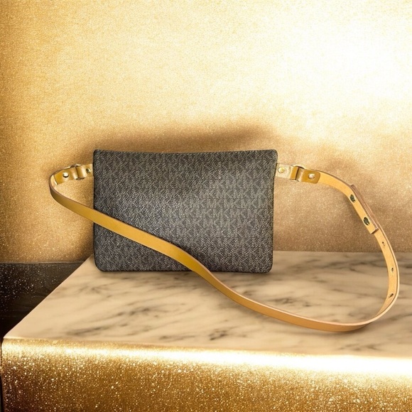 Michael Kors Monogram Signature Brown Belt Bag with Gold Chain Accent - Picture 3 of 9